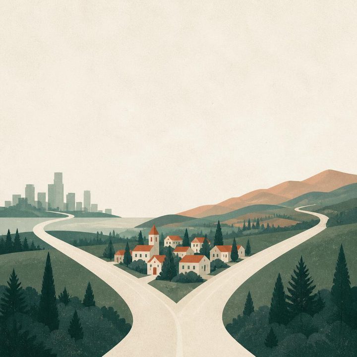 Illustrated diverging paths for a stay-or-go decision